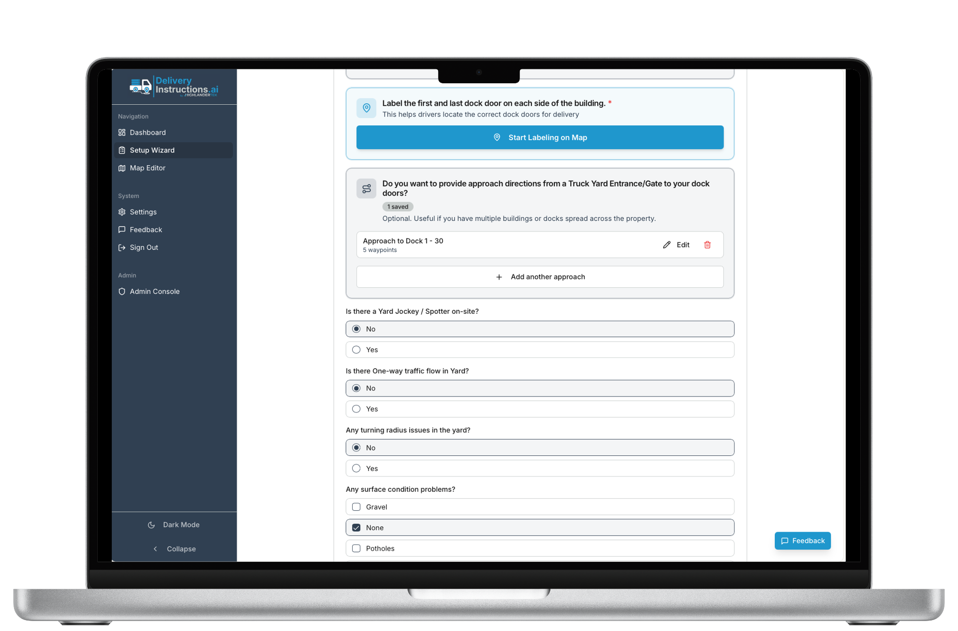 DeliveryInstructions.ai facility setup wizard shown on a MacBook, with dock door labeling and yard configuration questions